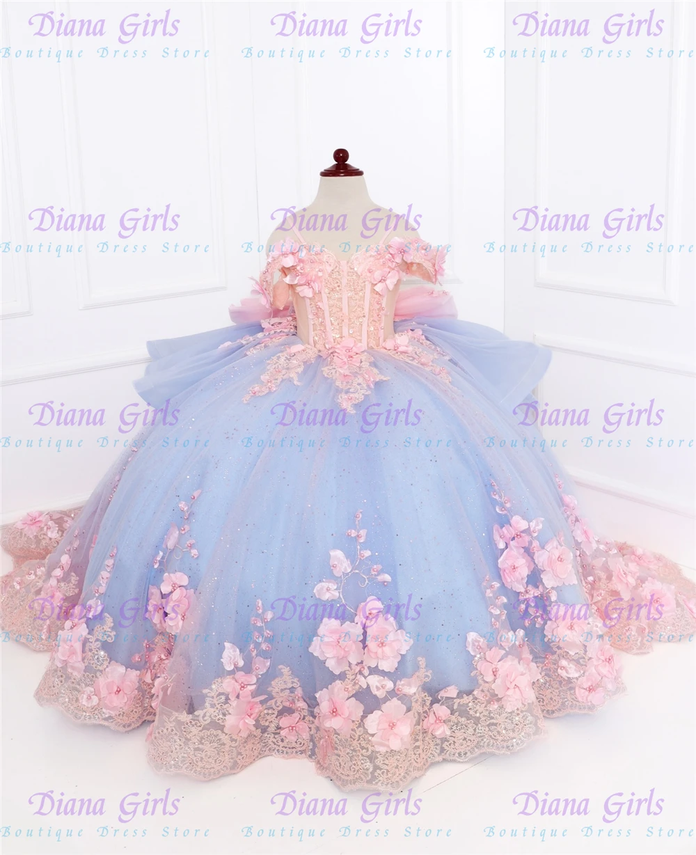 Quality Gorgeous Blue TUlle Fluffy Exquisite Pink Applique Flower Girl Dress for Wedding Birthday Party First Communion Gowns