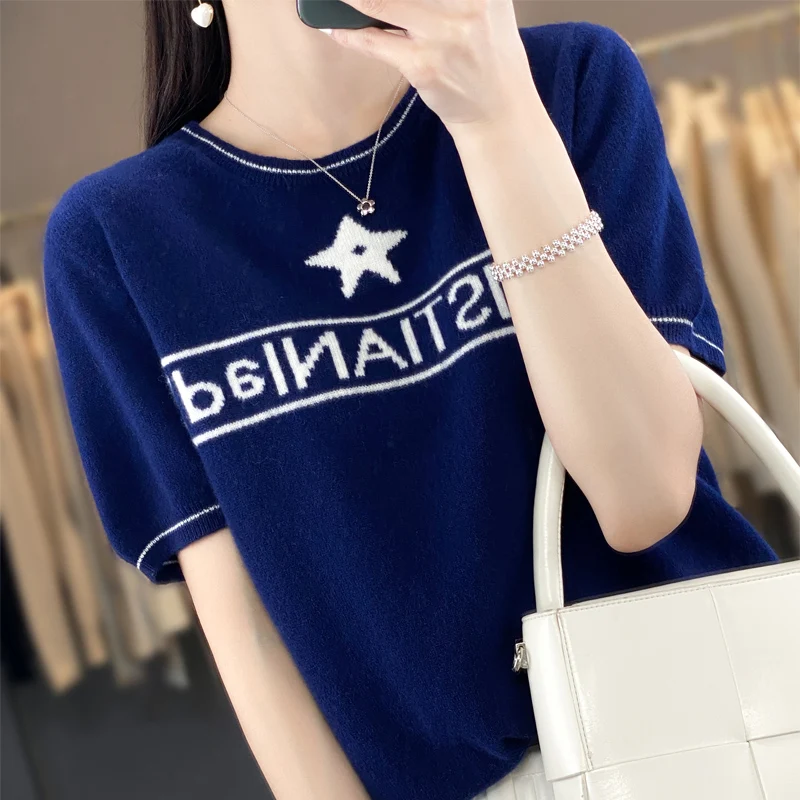 Women\'s Sweater 100% Pure Wool Four Seasons Luxury Love Simple Fashion Delicate Soft Letter Embroidery Round Neck Knit Pullover