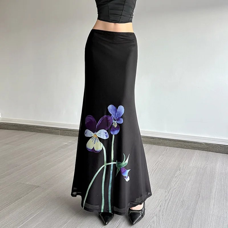 

Summer new slim fit fashion trend purple plant print slimming high waist skirt for women
