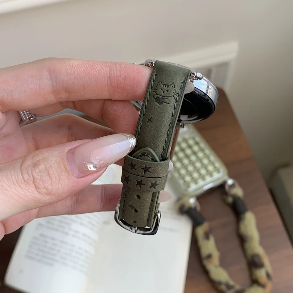 18/20/22MM Watch Band For Samsung Galaxy Watch 8/7/4 6 Classic 5 Pro Cute Love Cat Pattern Leather Strap For Amazfit Bip/GTS GT2