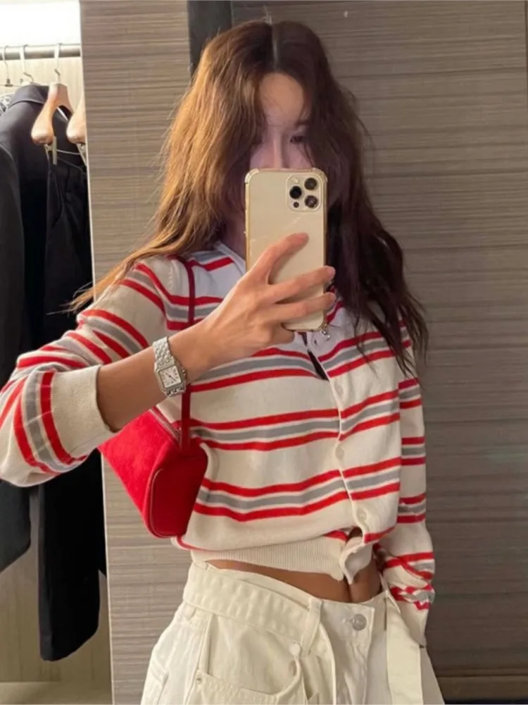 Classic Striped Knitted Cardigan Women's Autumn Round Neck Cotton Soft Design Button Sweater Vintage Sweet Preppy Style Sweaters view 3