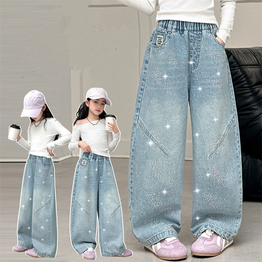 New Fashion Kids Girl Wide Leg Curved Jeans with Rhinestones Children Luxury Crystal Denim Pants Age 5 6 7 8 9 10 11 12 13 14 Y