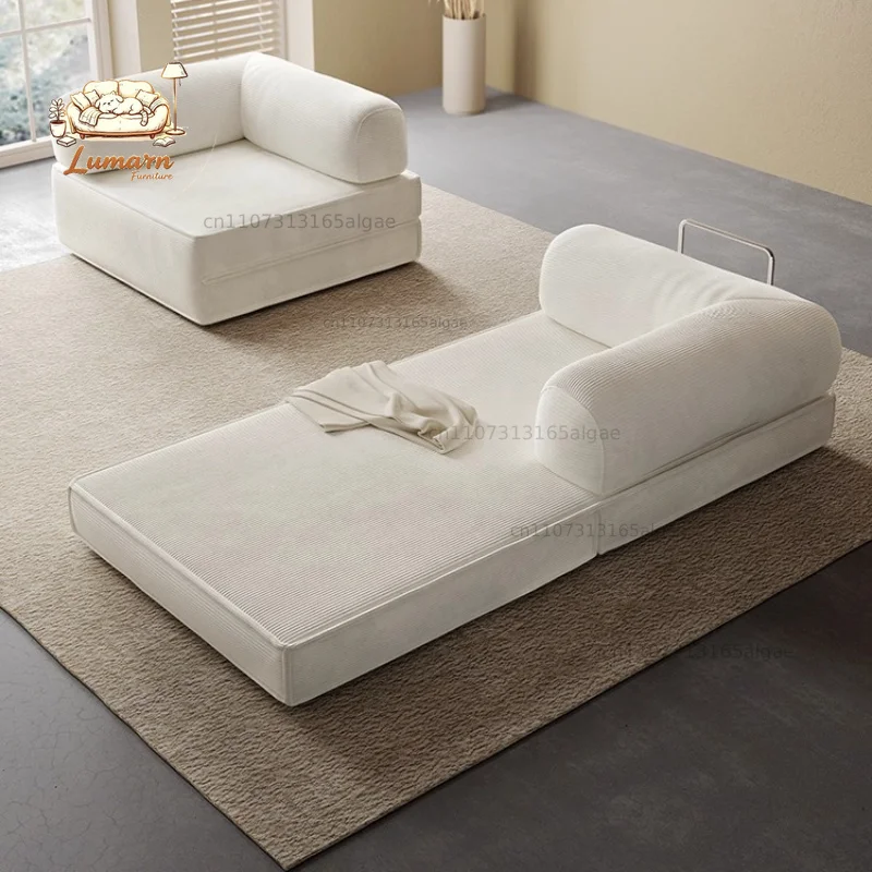 A Cream wind compressed fabric sofa living room straight row tofu block sofa bed