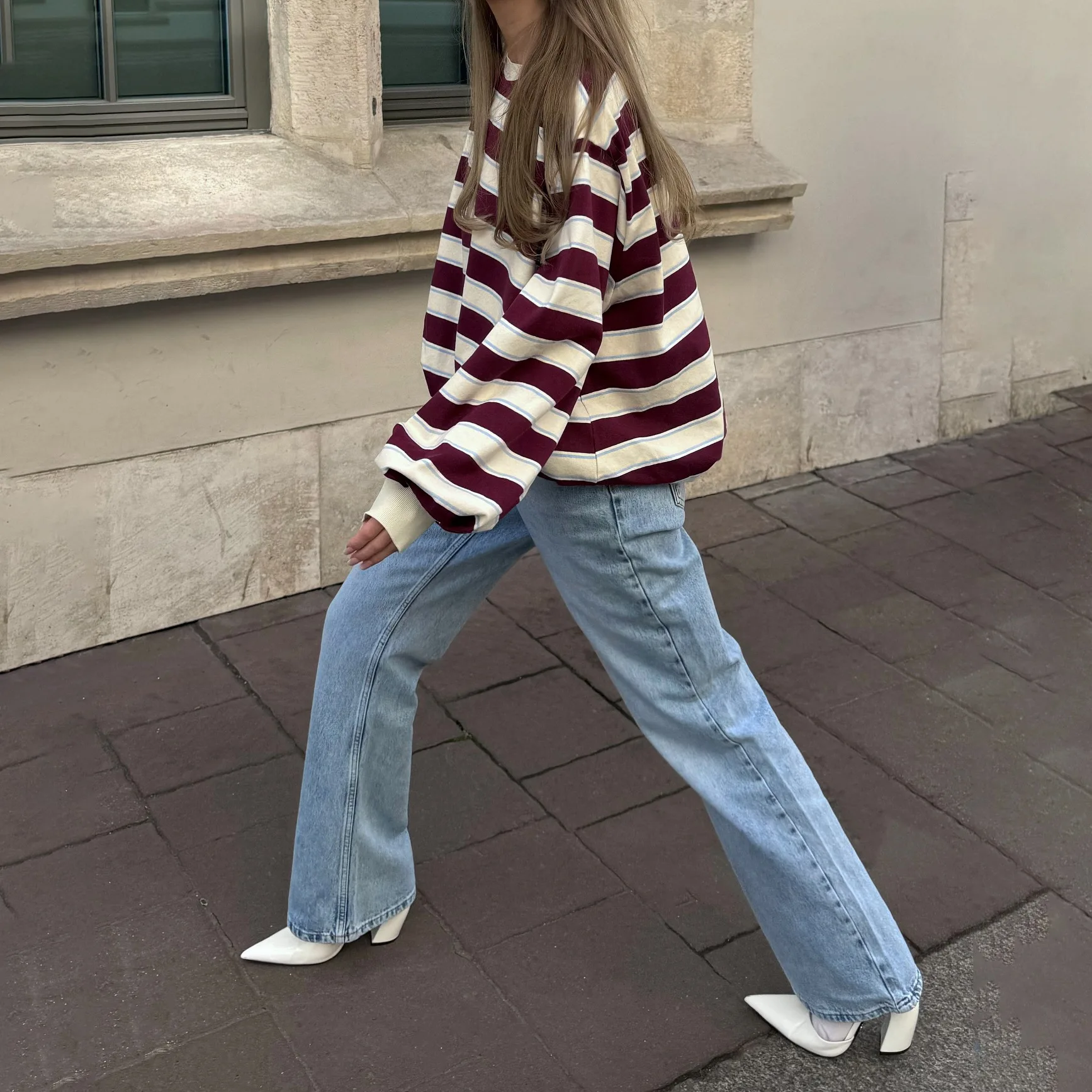 American Early Autumn Lazy Wind Round Neck Striped Pullover Sweater Loose Long-sleeved Women's Coat