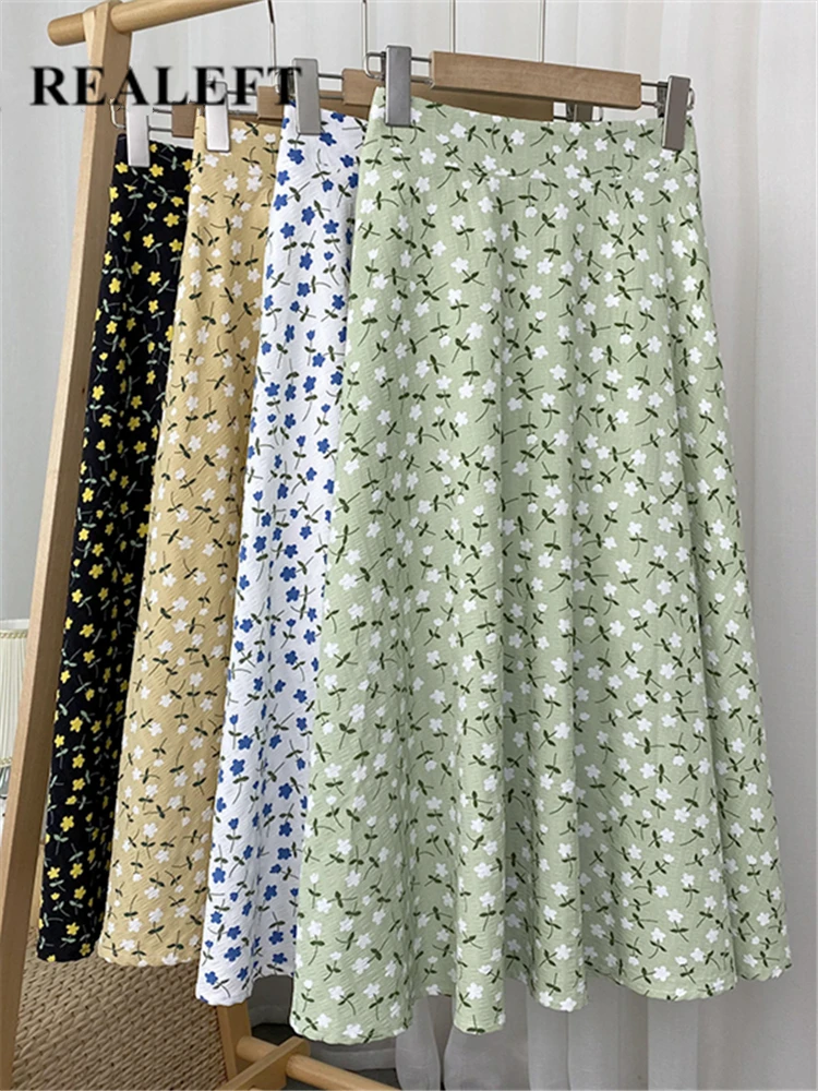 REALEFT New Stylish Floral Printed Tulle Mi-long Women Skirts High Waist Loose Female Umbrella Skirts Ladies Spring Summer