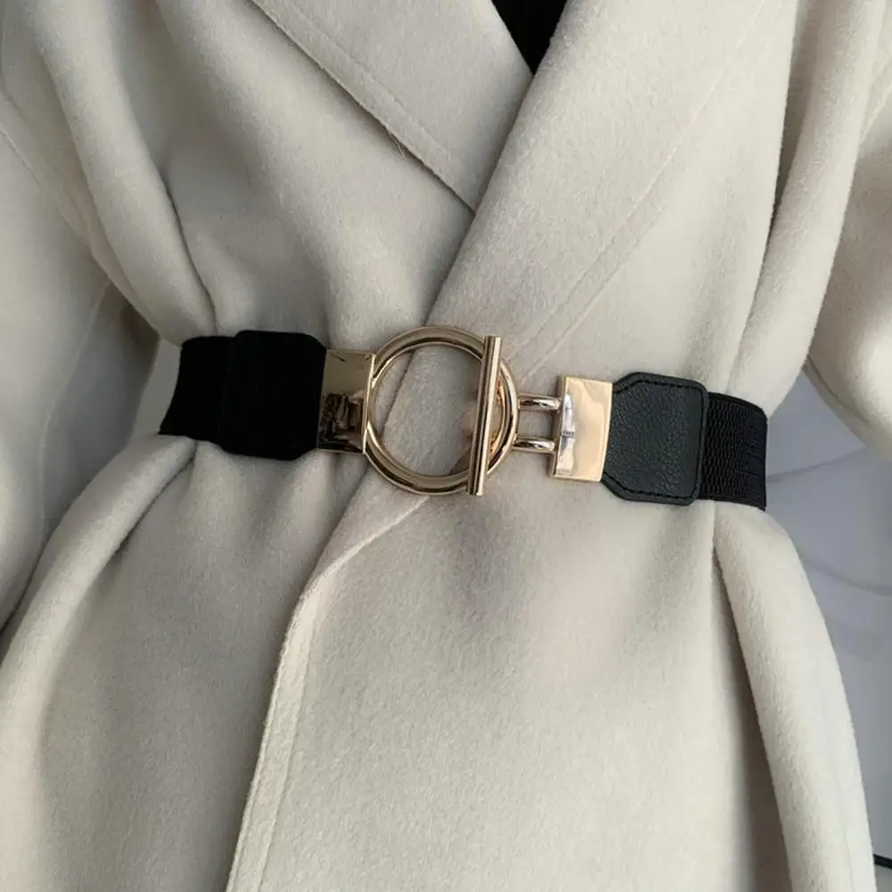 

Fashion Dress Belts for Women Elastic Alloy Buckle Wide Band Waist Decoration Faux Leather Dress Coat Sweater Party Belt Girdle