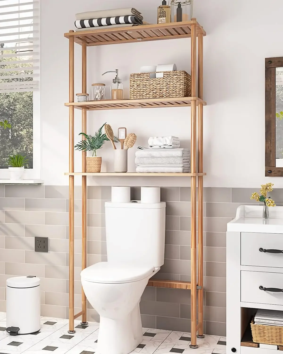 AmazerBath Over The Toilet Storage Shelf Bamboo, 3-Tier Over Toilet Organizer Rack, Freestanding Above Toilet Shelf