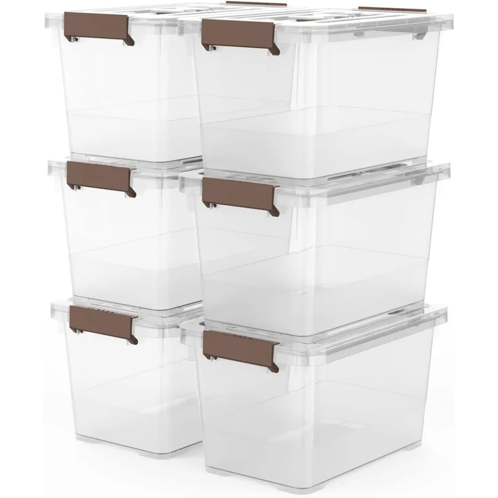 

6-Pack Clear 7 Quart Storage Latch Box/Bins, Plastic Stackable Latching Box with Brown Handle and Lid, Multi-Purpose, 7 Litre