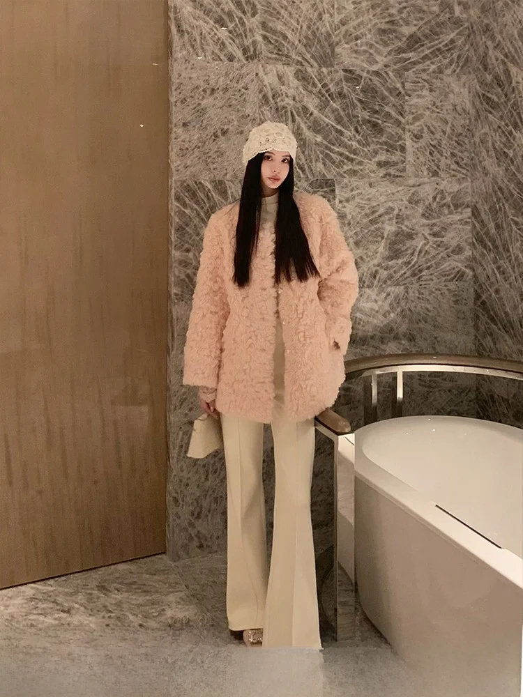 

KUN Pink Lamb Fur Jaet Женское зимнее пальто Thiened oulder Экологичная кожа Имитация животных Полиэфирное волокно Длинное S...