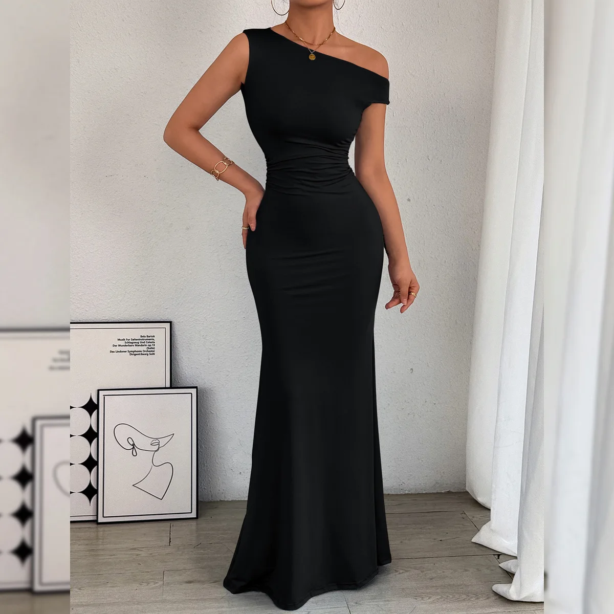 Women Asymmetrical One Shoulder Maxi Dress Ruched Waist Bodycon Slim Fit Long Black Evening Party Gow
