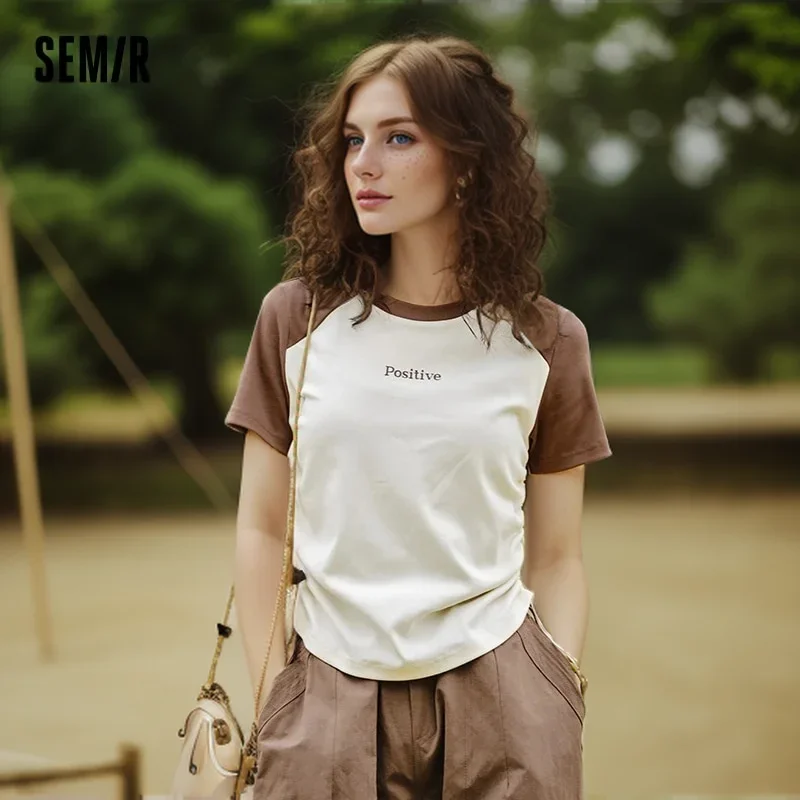 Semir Mid-Length Cotton Short-Sleeved T-Shirt For Women Loose Fit New In 2024 Summer Loose Letter Pullover Shirt