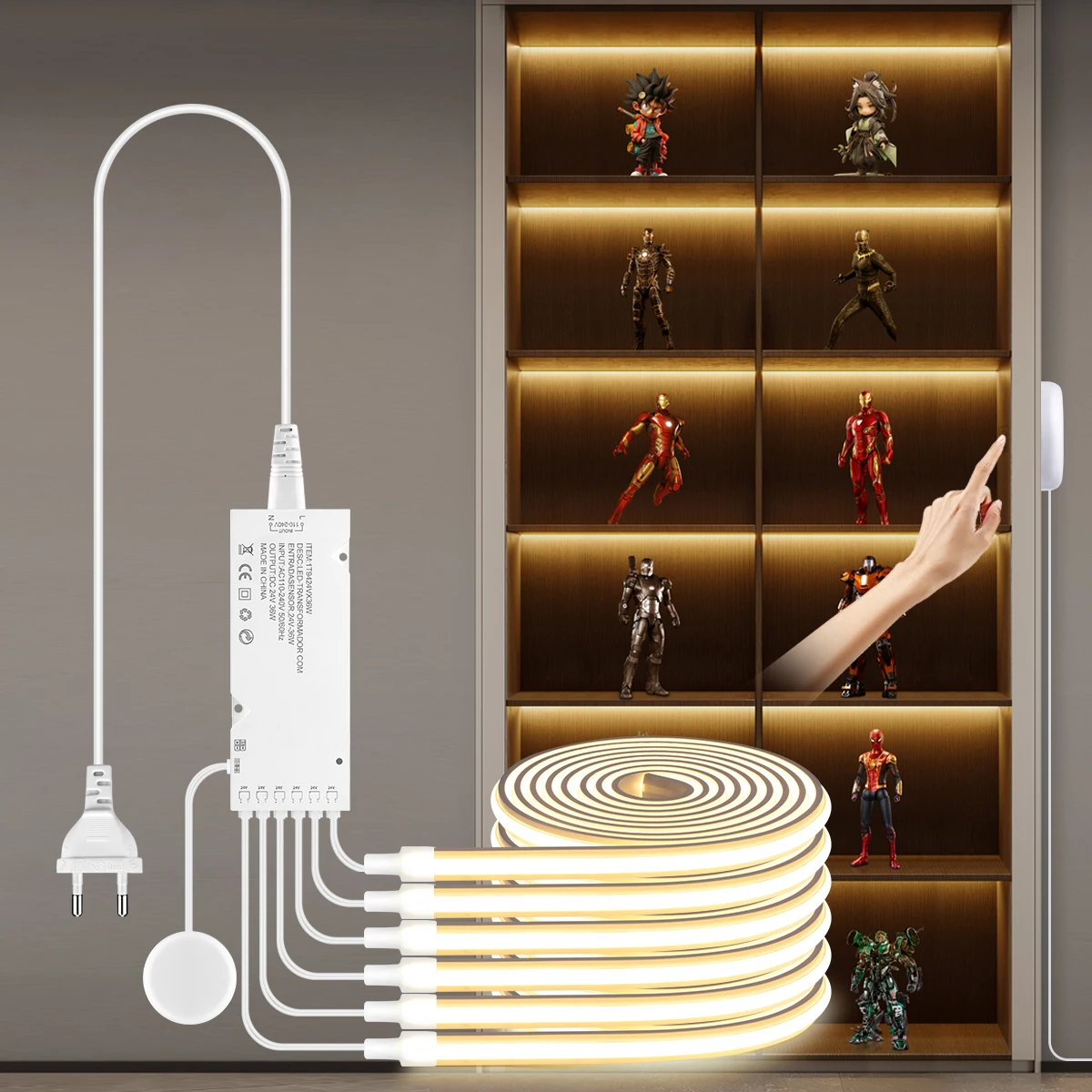 Under Cabinet Touch Control Dimmable LED Neon Strip Light,24V COB Ribbon for Kitchen Closet Collection Display Shelf Backlight