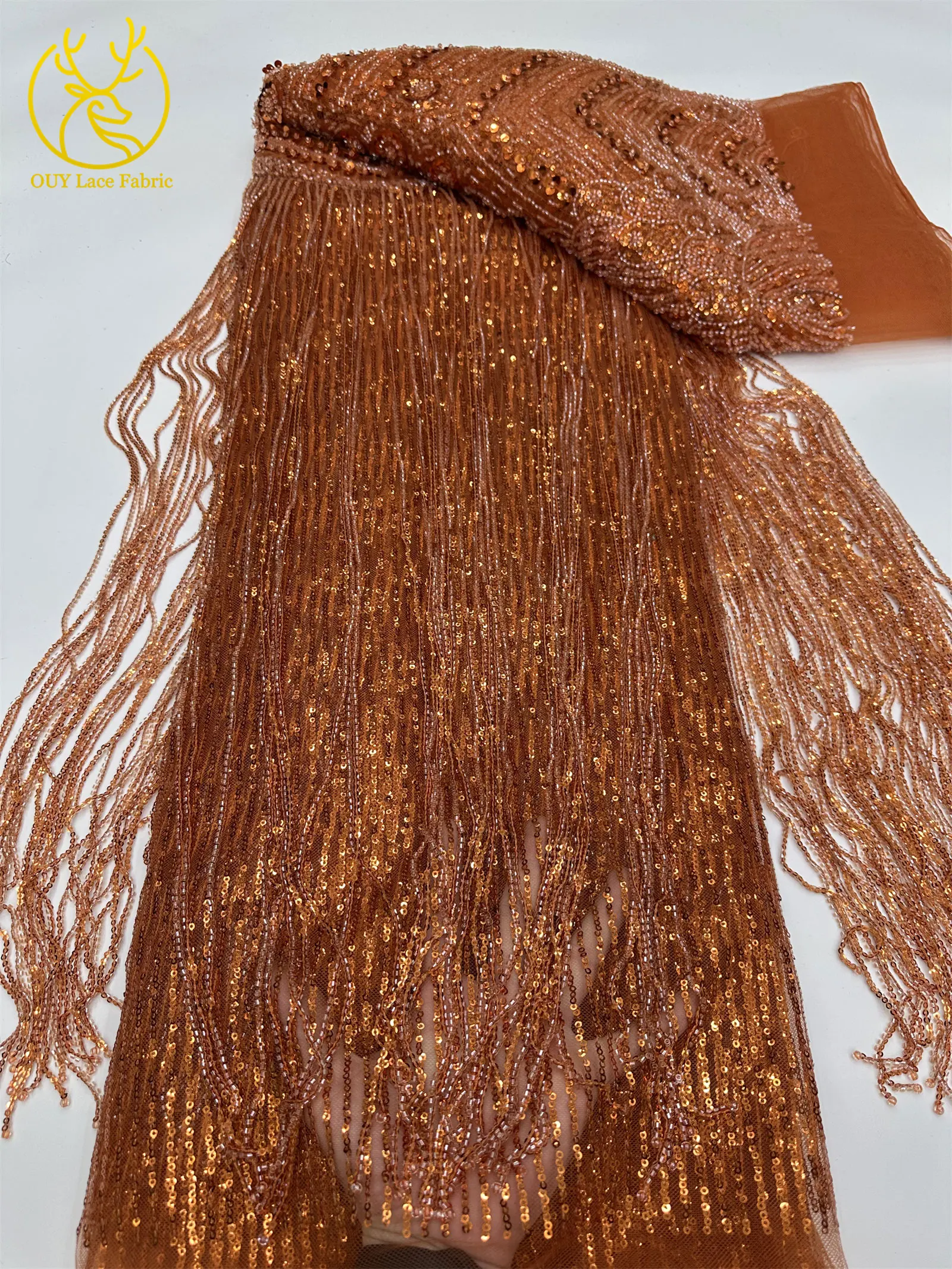 Goldener Afrikanischer Nigerianischer 3D-Perlen-Spitzenstoff 5 Yards Französischer Pailletten-Tüll Stickerei-Kleiderstoff für Damen Party Hochzeit Kleid Nähen – Detail 17