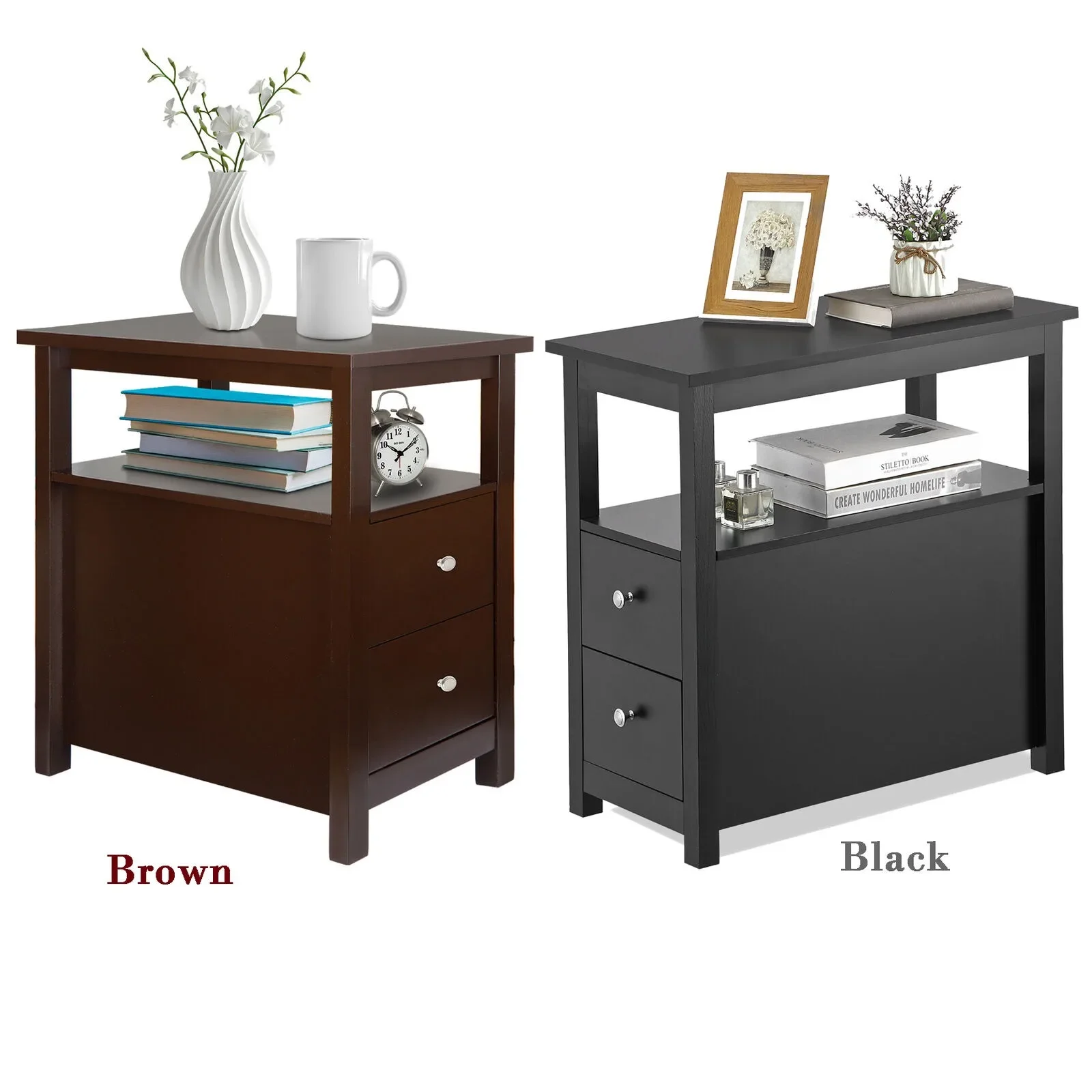 Narrow End Table w/2 Drawer & Open Shelf Sofa Side Table for Living Room 2 Color