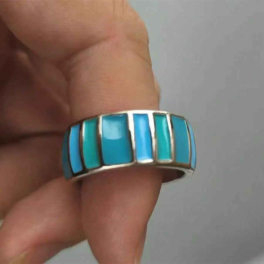 Handmade Bohemian Style Wide Band Ring With Turquoise Inlay For Adults