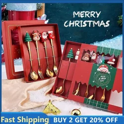 4PCS Christmas Spoons Fork Set Christmas Cutlery Set Elk Dessert Scoop Fruit Fork Coffee Spoon Stainless Steel Dessert Fork Set