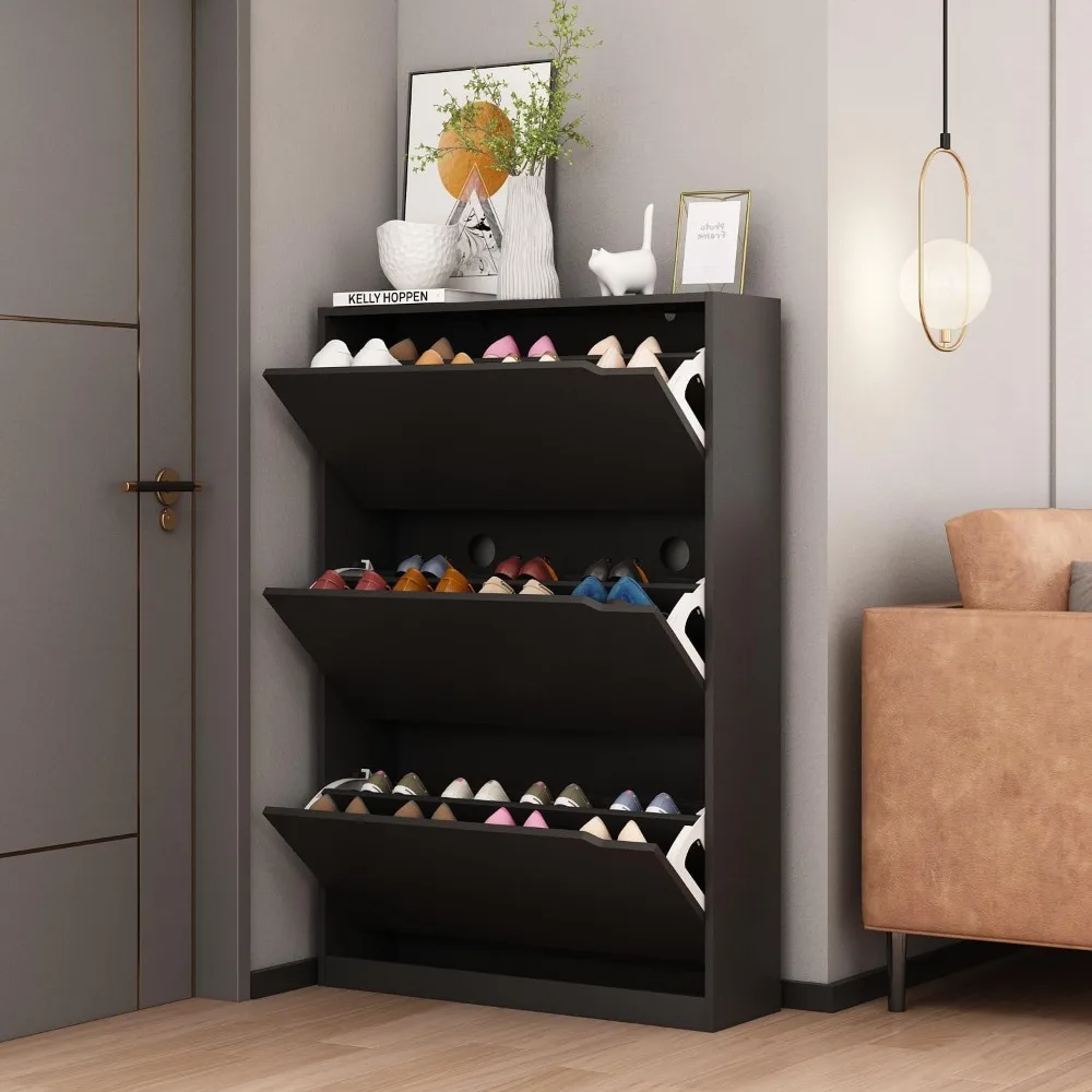 

Shoe cabinet with 3 flip-out drawers, wooden entrance shoe cabinet, separate shoe rack storage, suitable for entrance, hallway