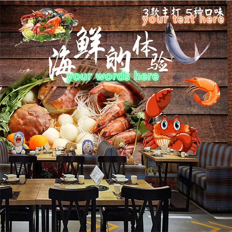 Nostalgic Wooden Board Seafood Life Experience Restaurant Kitchen Industrial Decor Background Mural Wallpaper 3D Papel De Parede