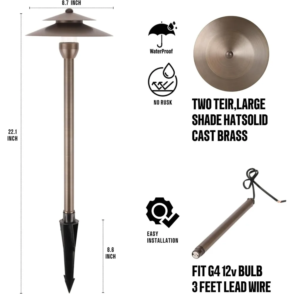 Solid brass low pressure landscape spotlight with antique brass finish with ground pins and waterproof grease cap wire