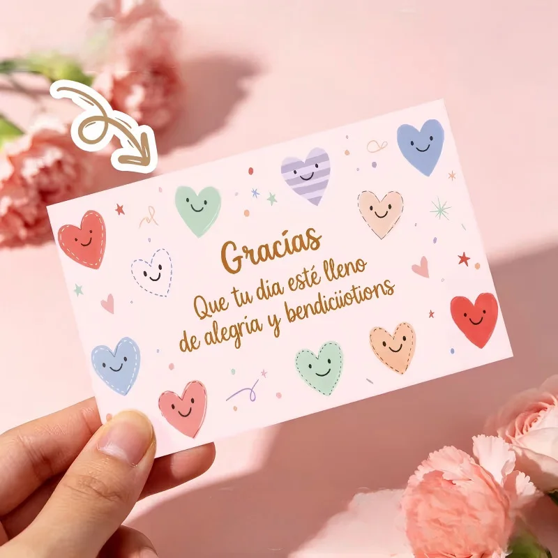 100/50pcs Pink Love Heart Thank You Card in Spanish Small Thanks You Note Cards for Small Business Gracias