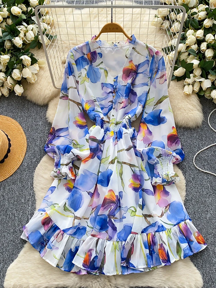 Vestido de primavera y verano para mujer, estilo de vacaciones en la playa, cuello en V, estampado Floral, mangas acampanadas, botón, hongo, mini vestidos cortos DS265