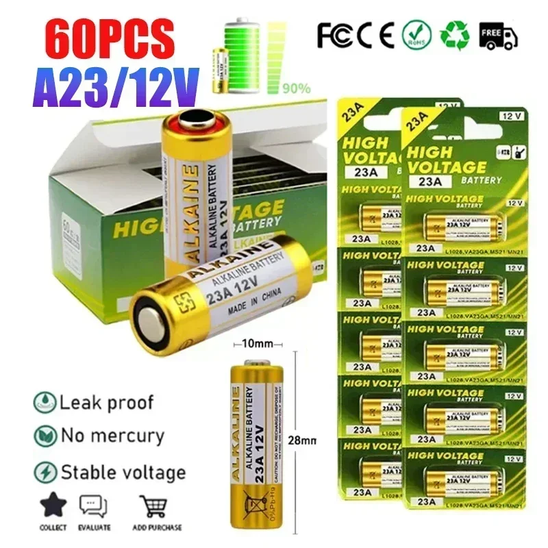 12V 23A Alkaline Battery 23A 23GA A23S E23A EL12 MN21 V23GA L1028 GP23A LRV08Suitable for Remote Control Wireless Doorbell 60PCS