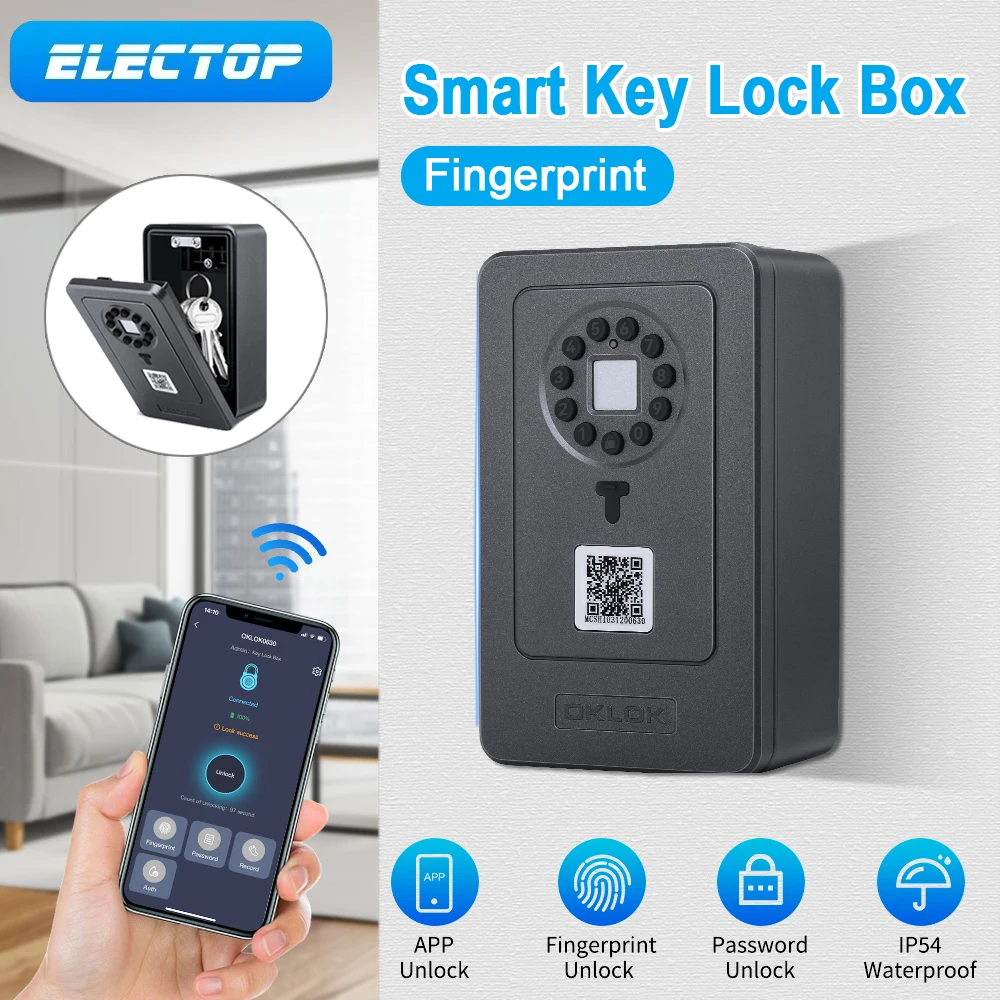 ELECTOP Fingerprint Key Lock Box IP65 Waterproof Password Phone Control Wall Mount Bluetooth Smart Keys Safe Storage Lock Boxes