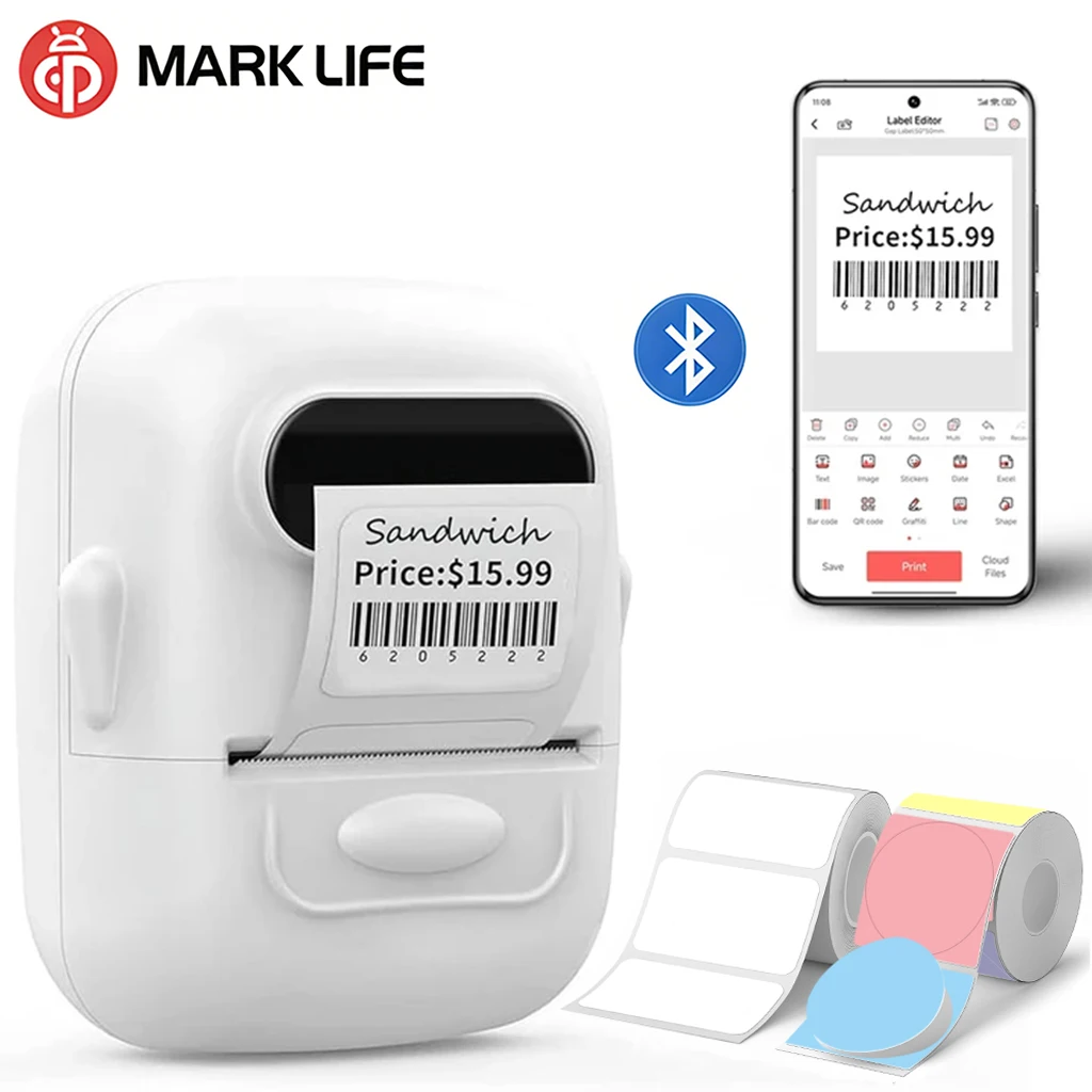 

Портативный термопринтер Marklife P50, беспроводной принтер для этикеток, белый принтер для самоклеящихся этикеток, для дома, офиса, DIY, без чернил