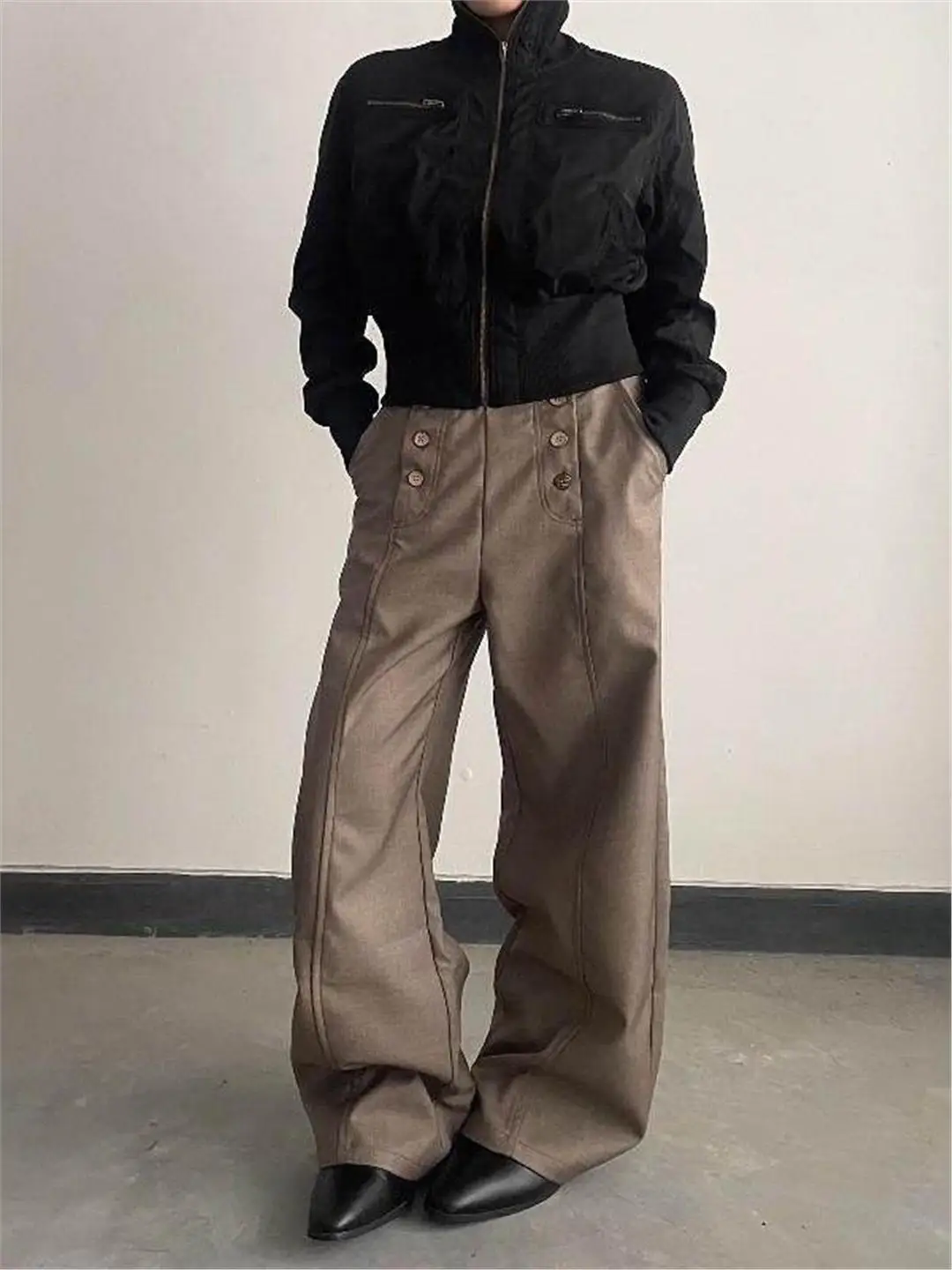 

Ele Double-Breasted American Retro Men's Casual Trousers CleanFit Loose Comfortable Long Pants Polyester Fiber Spring Wear