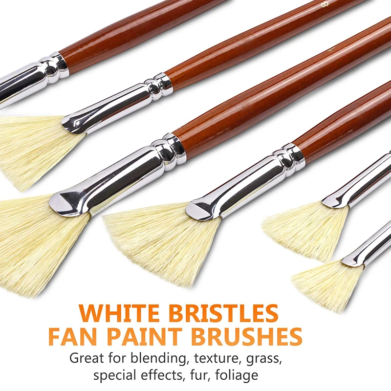 

7/14pcs Fan Artist Bristle Paint Brush Set Natural Hog Bristle Hair Anti-Shedding Brush Tips Long Wooden Handle For Acrylic