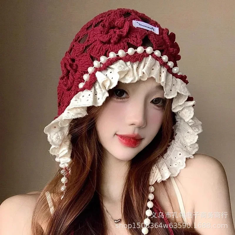 

Casual Pearl Tassels Crochet Flower Knitted Hat Hollow Out Thin Lace Beanies Handmade Korean Knit Cap Outdoor Beanies Hooded Hat