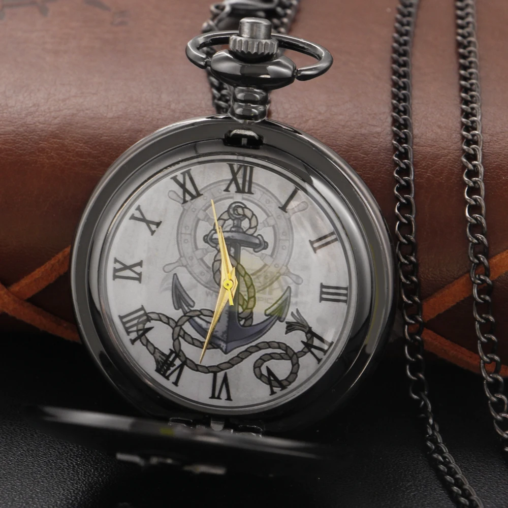 Antique Black Retro Time Gem Necklace Clock Sea Adventure Captain Badge Quartz Pocket Watch Men's and Women's Accessories Gift