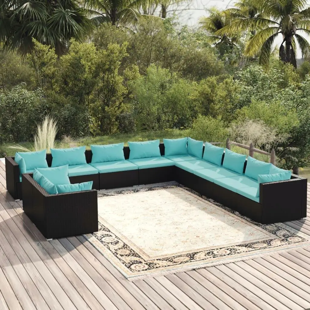 11-Piece Black Poly Rattan Patio Lounge Set with Cushions – Stylish Outdoor Furniture