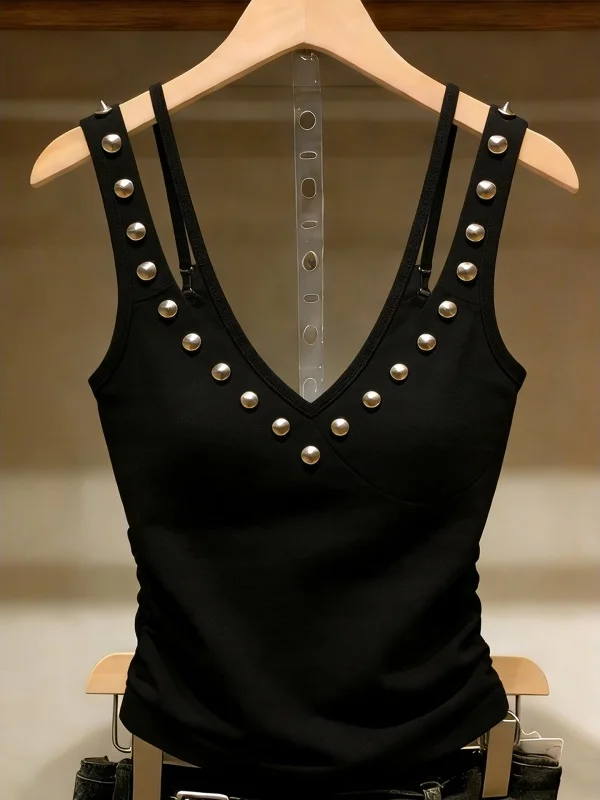 

Black V-neck Vest Top Women's Summer Fashionable Versatile Strap Design Slim Fit Casual Wear Comfortable Inner Wear Top