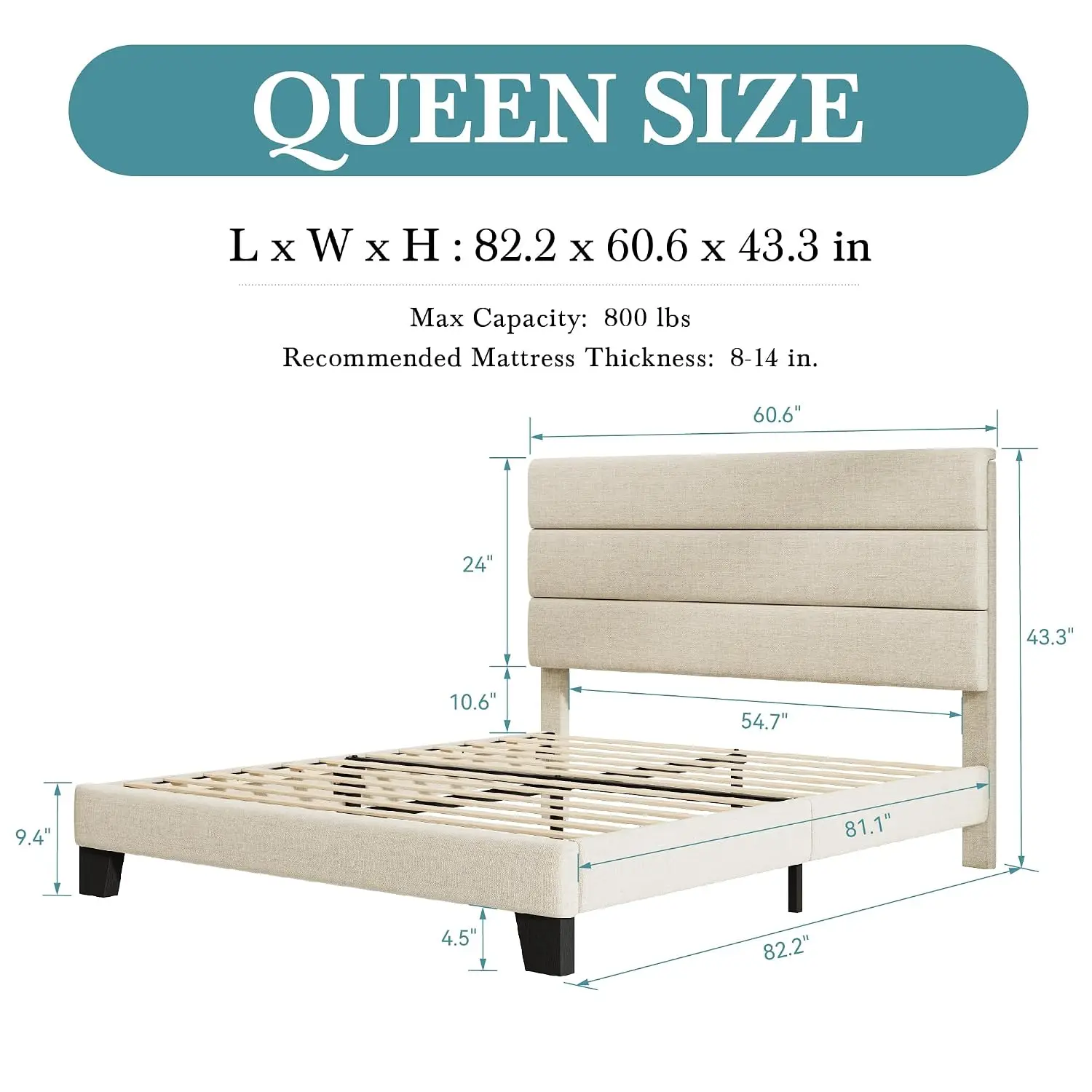 Queen Size Bed Frame with Headboard, Fabric Upholstered Platform Bed with Strong Wood Slats Support, Mattress, Customized - view 2