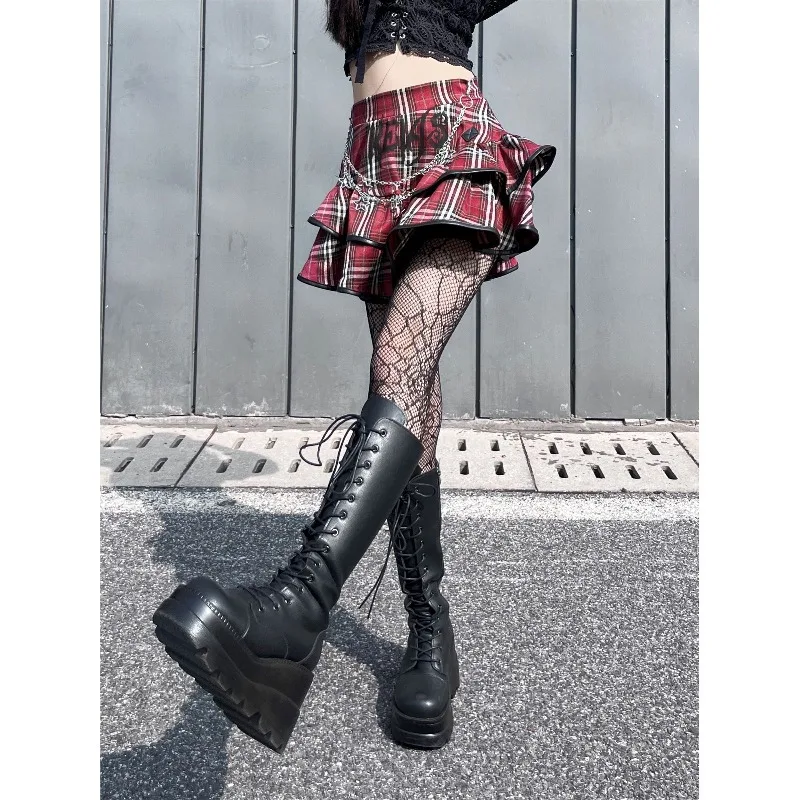 

Клетчатое платье, горячая девушка Y Нишевое платье-торт Короткая юбка трапециевидной формы с высокой талией Необычная цепочка Модная полуюбка для женской одежды