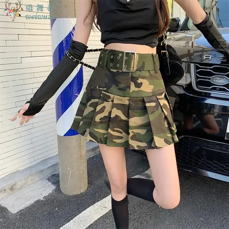 

Cute Women's Short Denim Skirt Camouflage Denim Pleated Mini Skirts Belt Dance School Girls High Waist A-Line Jean Skirt Cosplay
