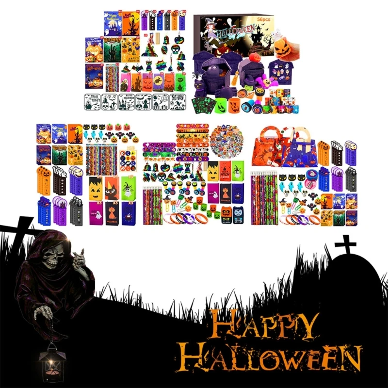 Zestaw papeterii na Halloween dla dzieci, ołówki Halloween, gumki, linijki, bransoletki zatrzaskowe, znaczki, torby na cukierki,