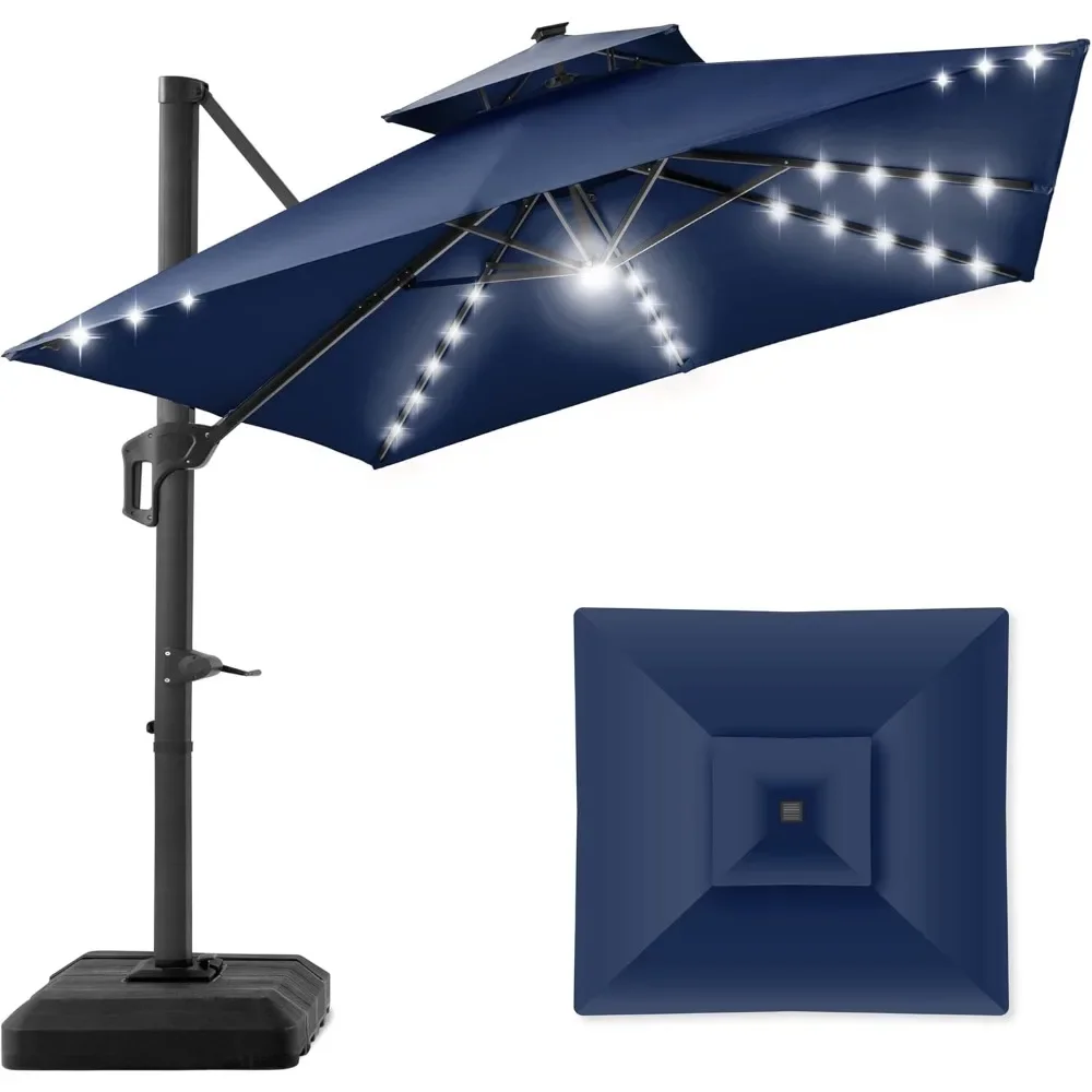 10x10ft 2-Tier Square Cantilever Patio Umbrella with Solar LED Lights, Offset Hanging Outdoor Sun Shade, Outdoor Umbrella