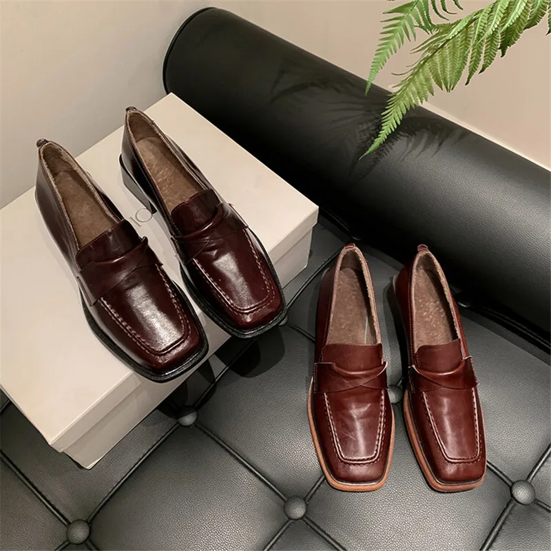 2023 New Autumn Genuine Leather Loafers Square Toe Chunky Heels Winter Women Pumps Shoes for Women Zaptos De Mujer Brown Shoes