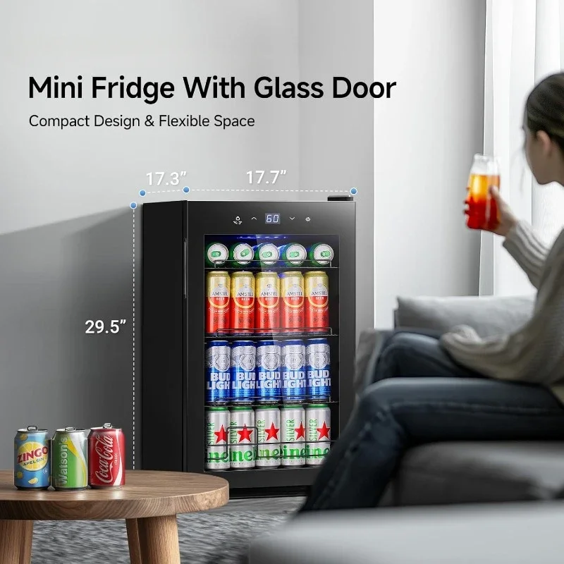 Refrigerador de bebidas, mini porta de vidro de geladeira para refrigerante, cerveja ou vinho, refrigerador de bebidas com prateleiras ajustáveis para casa
