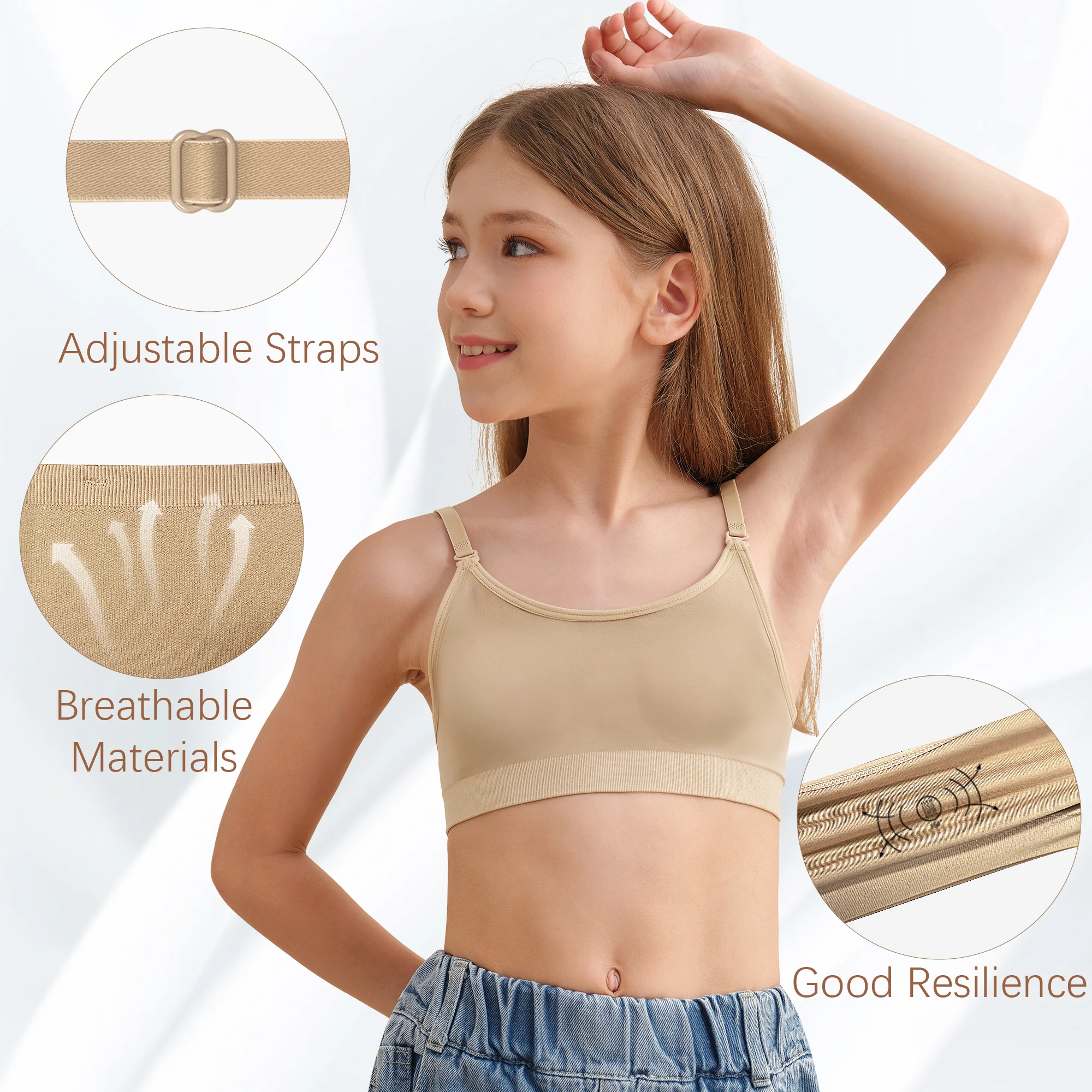 Girl Ballet Dance Bras Seamless Wireless Elastic Bras Adjustable Replace Clear Straps Removable Sponge/Silicone Chest Padding ﻿