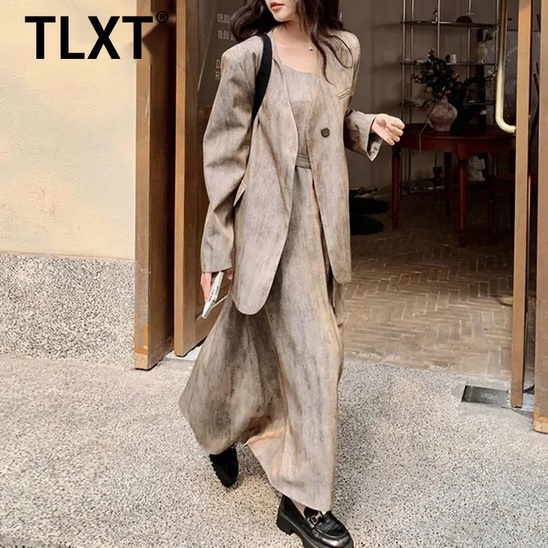 

TLXT офисный женский комплект из 2 предметов, женский пиджак с поясом и одной пуговицей + платье без рукавов с круглым вырезом, новинка осени 2023 г.