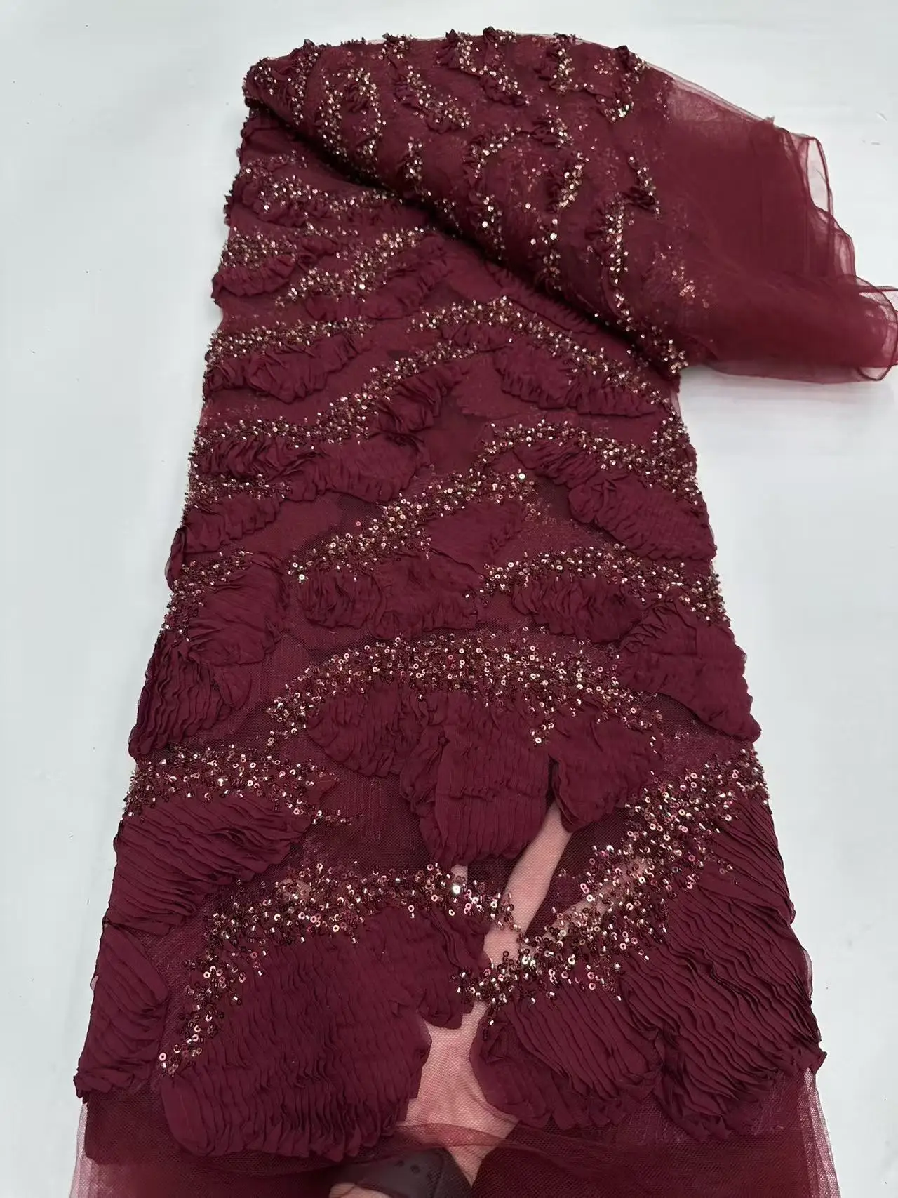 Rosa di Lusso 3D Paillettes Perline Tessuto di Pizzo Moda Ricamo Francese Tulle Maglia Tessuto di Pizzo per Abito Da Sposa 5 Metri AH1456