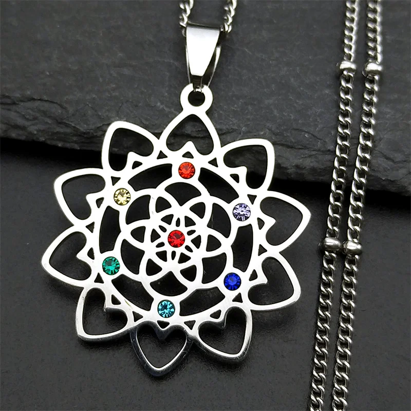 

Sacred Geometry 7 Chakra Metatron Heart Necklace Stainless Steel Flower of Life Stone Necklaces Reiki Healing Amulet Jewelry