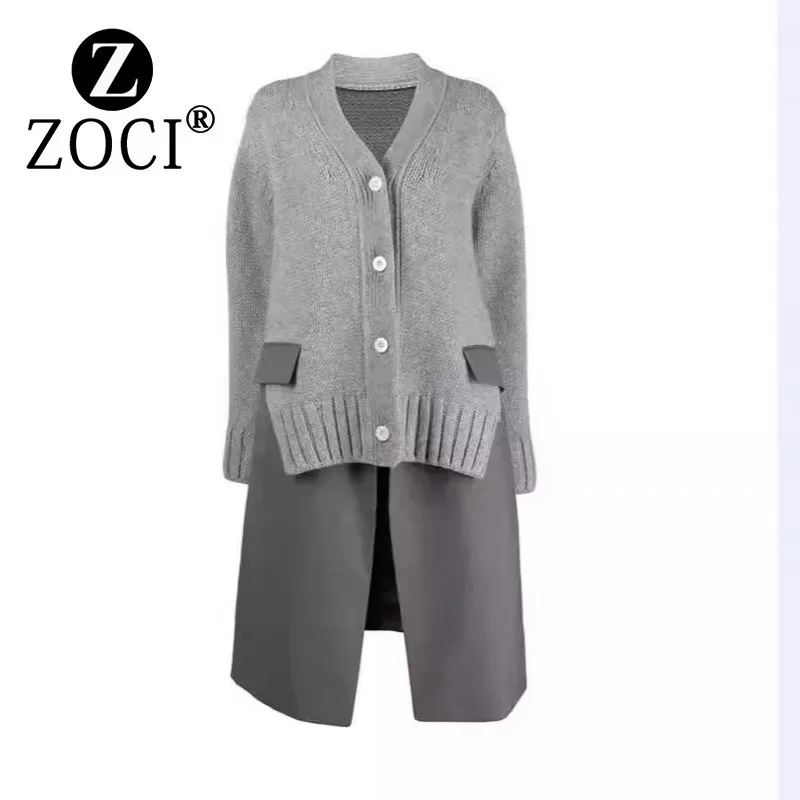 2024 [ZOCI] Japanese Design Knitted Patchwork Suit Two-piece V-neck Cardigan Long Coat Dress New Fashion