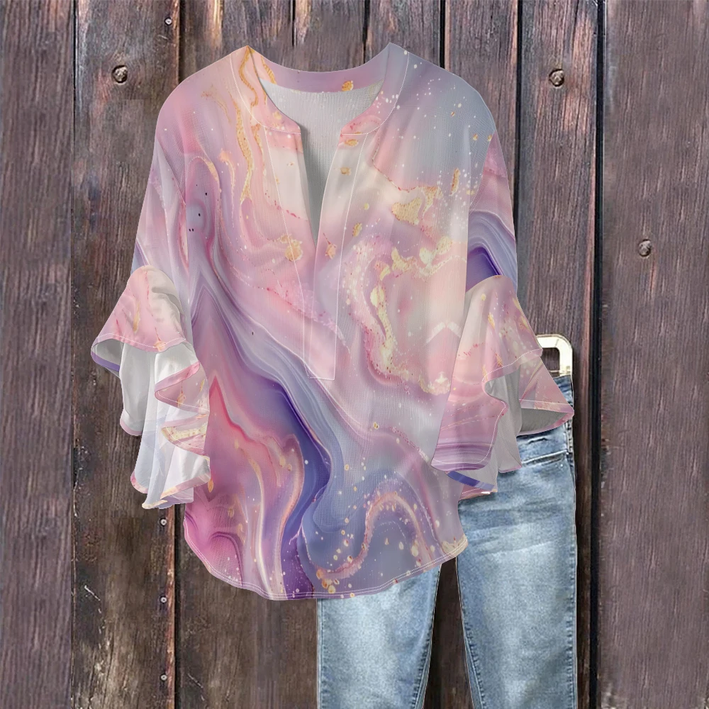 Colorful Fluid Art V-Neck Top Women's Bell Sleeve Shirt in Soft Crinkle Fabric with Luxurious Marbled Pattern Pink Yellow Blouse