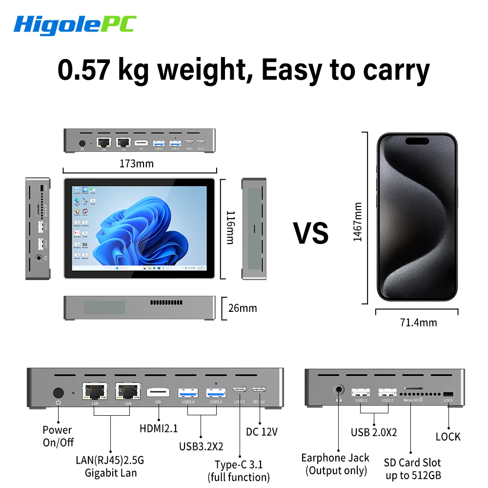 Higole F9B Pro 7'' Intel N95 Mini PC con schermo Windows 11 WiFi5 16GB 512GB 5000mAh 4K Computer desktop NAS Windows Tablet