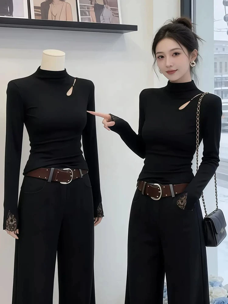 Sexy Hollow out Long Sleeve T-Shirt Half High Collar Fleece Lined Slim Fit Inner Wear Top Korean Style Cotton Polyester Blend