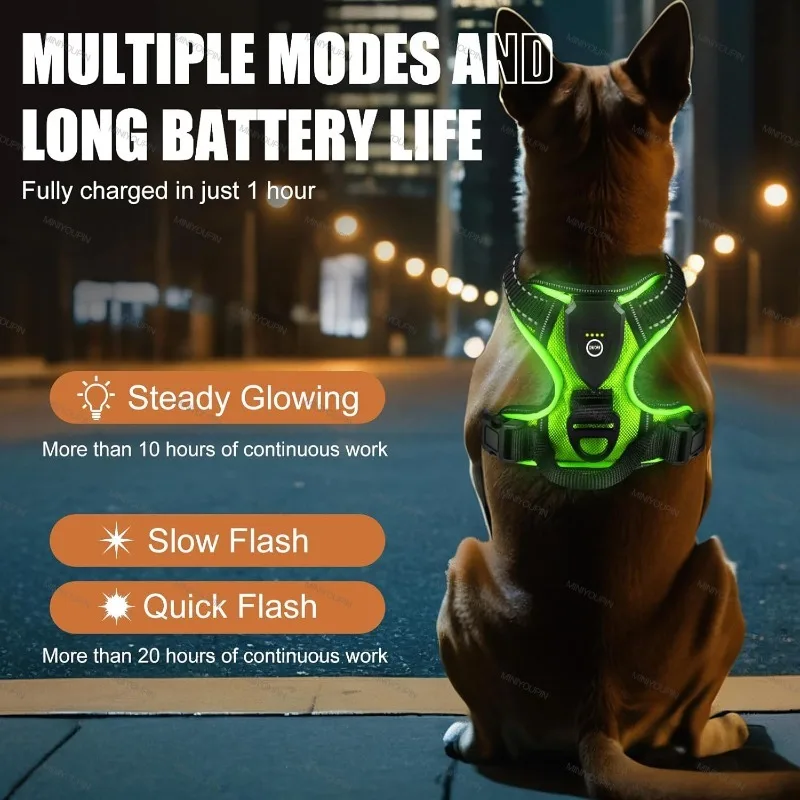 

LED Glowing Luminous Dog Harness Rechargeable Safety Vest For Night Walking 3 Light Modes Pet Harnesses